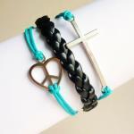 Silver Tone Sideways cross and Love Peace Sign and Blue Friendship Bracelet - Gift under 15