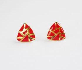 On SALE - Hot Red - Red and Gold Crack Triangle Stud Earrings - Gift under 10