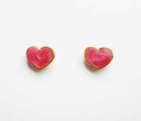 On SALE - Pink Heart Gold Plated Stud Earrings - Bridesmaid gift - Gift under 10
