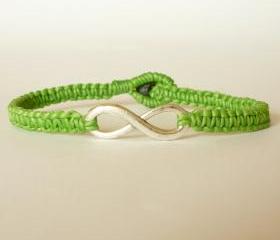 Green Infinity - Simple Single Silver Infinity Sign/Eight woven with Green Wax Cord Bracelet / Wristband - Men Jewelry - Unisex 