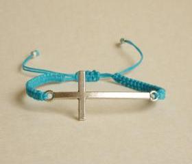 Silver Sideways Cross Blue Friendship Bracelet with Adjustable Style - Gift for Him - Gift under 15 - Unisex
