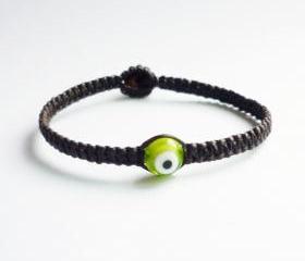 Flora Green Evil Eye with Black Wax Cord Friendship Bracelet - Gift under 10 