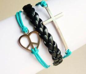 Silver Tone Sideways cross and Love Peace Sign and Blue Friendship Bracelet - Gift under 15