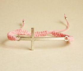 Silver Sideways Cross Pink Friendship Bracelet with Adjustable Style - Gift for Her - Gift under 15 - Unisex