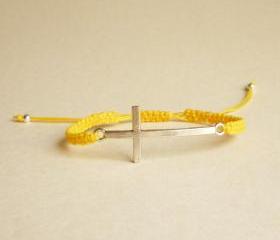 Silver Sideways Cross Yellow Friendship Bracelet with Adjustable Style - Gift for Her - Gift under 15 - Unisex