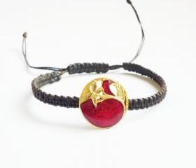 Vintage Gold Flower on red Button in Black Adjustable Friendship Bracelet - Gift under 15 - Gift for Her 