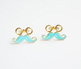 Glasses and Blue Mustache Stud Earrings - Gift for Her - Gift under 10