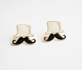 White Hat and Black Mustache Stud Earrings - Gift for Her - Gift under 10