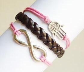 Large Silver Plated Infinity Pink Bracelet,Hamsa Hand in Pink Bracelet and Braided Faux Leather Bracelet - Friendship Bracelet - Gift under 15