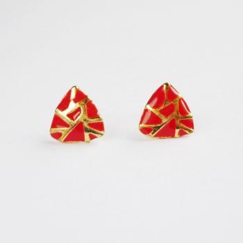 On SALE - Hot Red - Red and Gold Crack Triangle Stud Earrings - Gift under 10