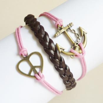 Brass Anchor Pink Bracelet,Love Peace Sign Pink Bracelet and Braided Faux Leather Bracelet - Friendship Bracelet - Gift under 15