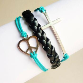 Silver Tone Sideways cross and Love Peace Sign and Blue Friendship Bracelet - Gift under 15
